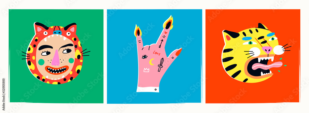 Fototapeta premium Finger Horns gesture, Face in red Leopard hood, roaring Tiger. Hand drawn trendy Vector illustration. Comic, cartoon quirky style. Trendy design. Bright colors. T-shirt print. Sticker style