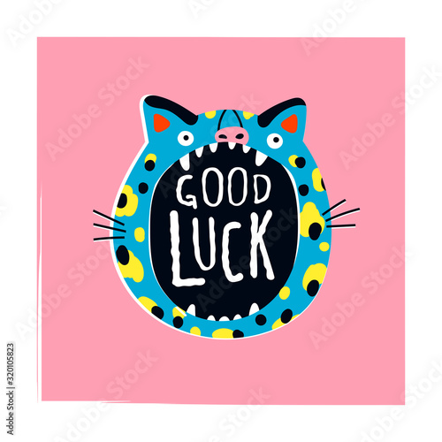 Animal growl. Open mouth. Good luck. Roaring of blue Leopard or cat. Hand drawn trendy vector illustration. Comic, cartoon quirky style. Trendy design. Bright colors. Funny character. T-shirt print