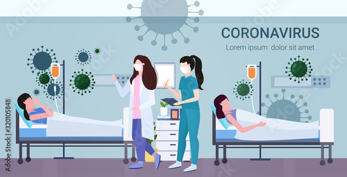 coronavirus infect control diagnosis treatment concept doctors in masks examining illness patients lying in beds epidemic MERS-CoV floating influenza wuhan 2019-nCoV full length horizontal vector