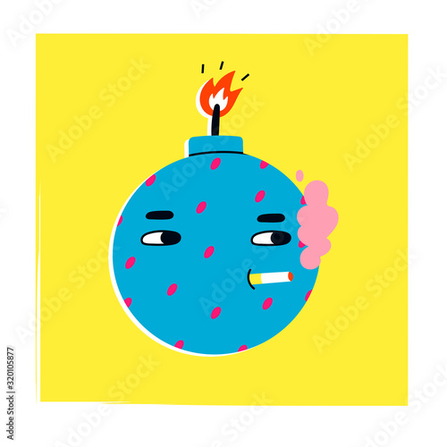 Bomb with burning wick. Cute face with smoking cigarette. Hand drawn Vector illustration. Comic, cartoon quirky style. Trendy design. Bright colors. Funny character. T-Shirt print idea. Sticker style