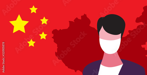 man wearing protective mask epidemic MERS-CoV virus wuhan coronavirus 2019-nCoV pandemic medical health risk concept chinese flag map background portrait horizontal vector illustration