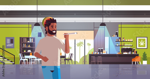 african american guy smoking marijuana joint rastaman relaxing with weed cigarette coffeeshop interior portrait horizontal vector illustration