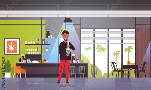african american guy smoking marijuana with bong rastaman relaxing cannabis smoking hookah system coffeeshop interior full length horizontal vector illustration