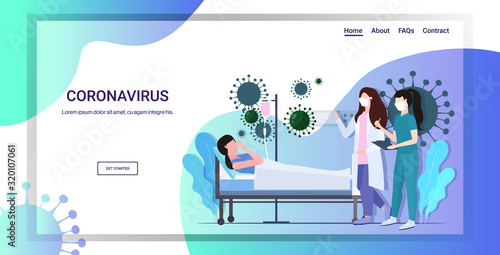coronavirus infect control diagnosis concept doctor with nurse in masks examining illness patient lying in bed epidemic MERS-CoV floating influenza wuhan 2019-nCoV full length copy space horizontal