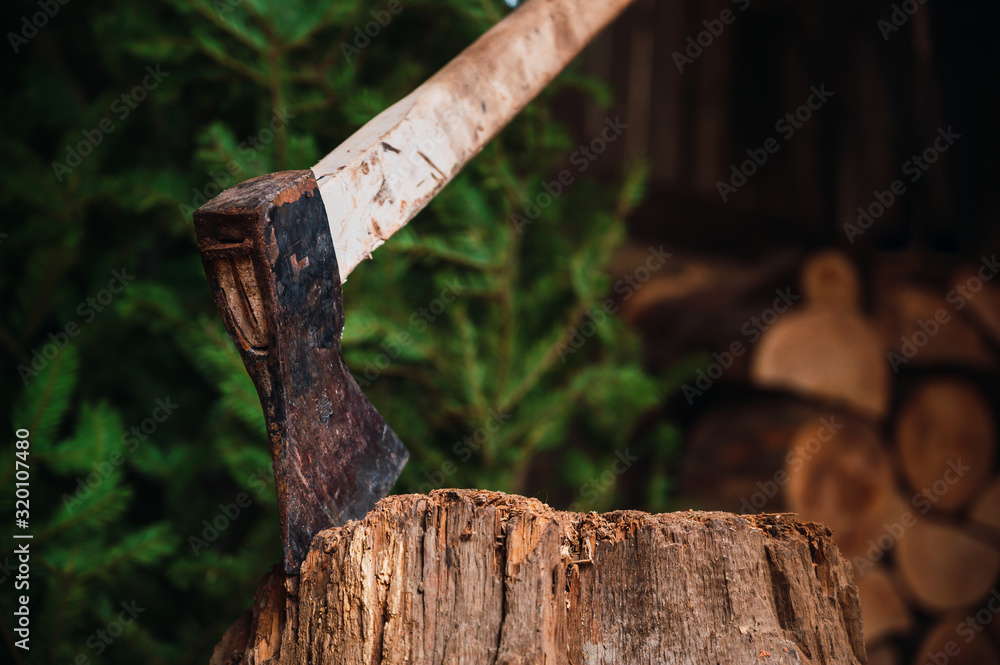 Ax on a wooden throne ready to cut firewood, background cut firewood and pine tree Ax on a wooden throne ready to cut firewood, background cut firewood and pine tree