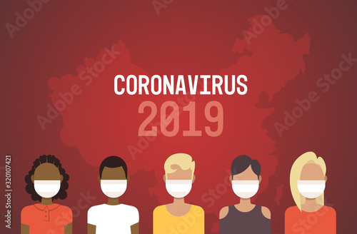 mix race people in protective masks epidemic MERS-CoV stop coronavirus concept wuhan 2019-nCoV pandemic medical health risk china map background portrait horizontal vector illustration