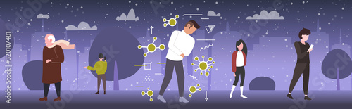 man feeling sickness epidemic MERS-CoV bacteria floating influenza virus cells wuhan coronavirus 2019-nCoV pandemic medical health risk full length horizontal cityscape vector illustration