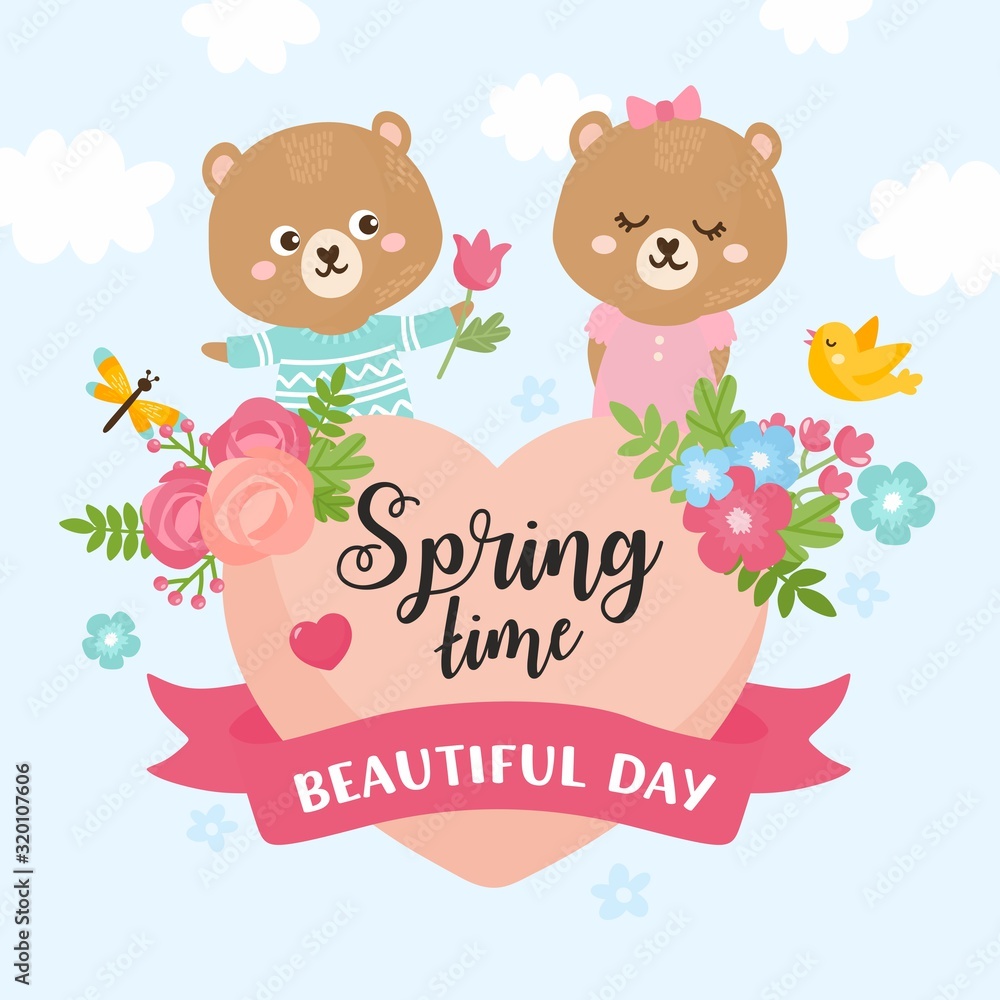 Spring Time greeting card. Bear gives spring flowers bouquet. Animals rejoices in spring. Cute childish illustration.