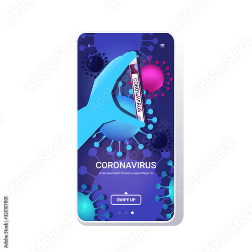 microbiologist hand holding tube coronavirus biological sample analysis in laboratory epidemic MERS-CoV wuhan 2019-nCoV pandemic medical health risk virus cells backgrund mobile app copy space vector