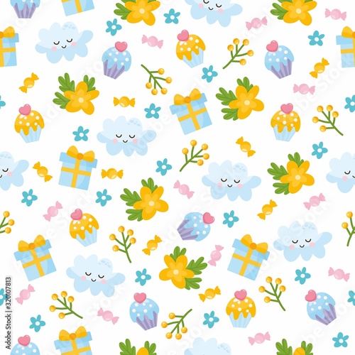 Spring seamless pattern. Bright illustration with flowers, cloud, cupcake and clouds. Background for fabric print, texture and wrapping paper.
