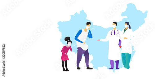 coronavirus infect control concept doctors in masks consulting illness father and daughter patients epidemic MERS-CoV floating influenza wuhan 2019-nCoV full length chinese map horizontal vector