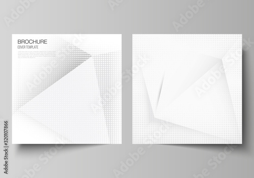 Vector layout of two square covers design templates for brochure, flyer, magazine, cover design, book design, brochure cover. Halftone dotted background with gray dots, abstract gradient background.