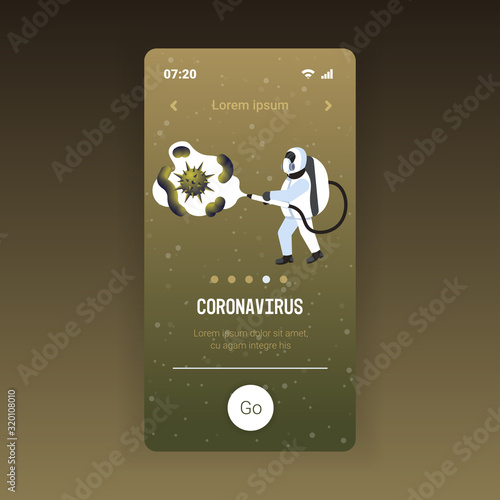 man in hazmat suit cleaning and disinfecting coronavirus cells epidemic MERS-CoV virus disinfect protection concept wuhan 2019-nCoV pandemic health risk full length mobile app vector illustration
