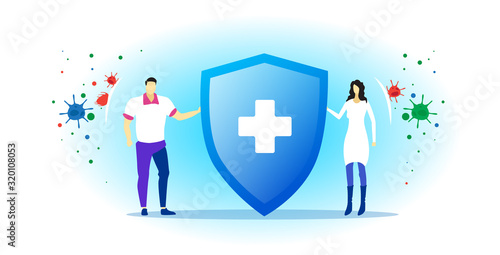 epidemic MERS-CoV virus protection concept couple holding shield with cross wuhan coronavirus 2019-nCoV pandemic medical health risk full length horizontal vector illustration