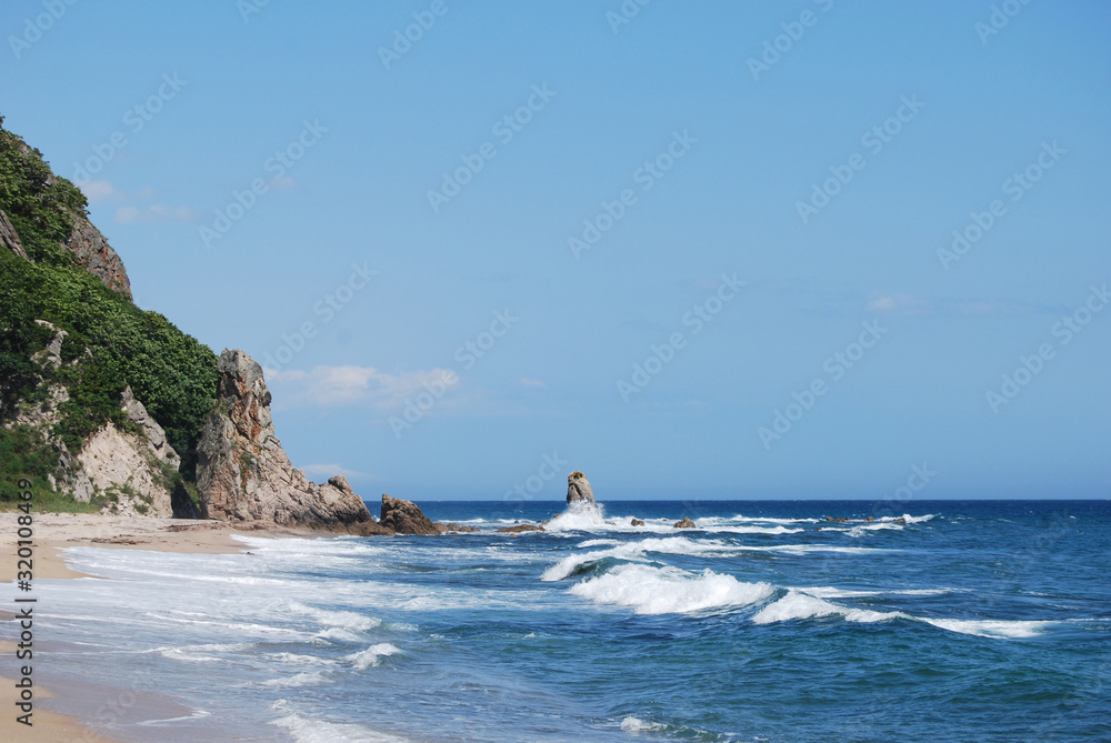 Beautiful seascape. Empty sandy beach, rock and waves of Pacific Ocean. Sunny day.