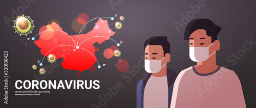 men wearing protective masks to prevent epidemic MERS-CoV virus concept wuhan coronavirus 2019-nCoV pandemic medical health risk chinese map background portrait horizontal vector illustration