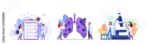 epidemic MERS-CoV wuhan 2019-nCoV set doctors inspecting lungs holding vaccine syringe analyzing coronavirus sample pandemic medical health risk concepts collection full length horizontal vector