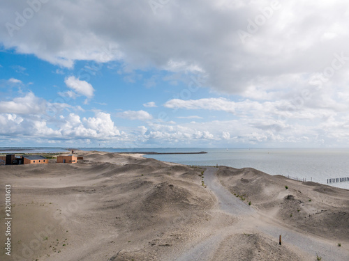 Fototapeta Naklejka Na Ścianę i Meble -  Panorama of beach of artificial island Marker Wadden and Markermeer lake, Netherlands