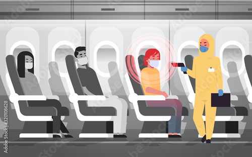 doctor in hazmat suit checking airplane passengers for epidemic MERS-CoV virus symptoms wuhan coronavirus 2019-nCoV pandemic medical health risk concept plane interior horizontal vector illustration