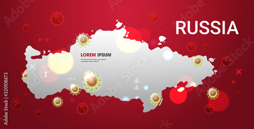 epidemic MERS-CoV flu spreading of world floating influenza virus cells wuhan coronavirus 2019-nCoV pandemic medical health risk russia map background horizontal copy space vector illustration