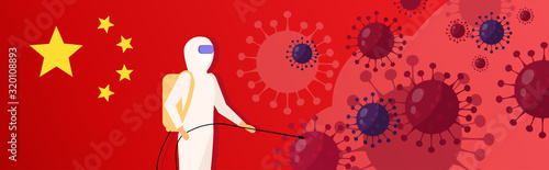 scientist in hazmat suit cleaning and disinfecting coronavirus cells epidemic MERS-CoV virus concept wuhan 2019-nCoV pandemic health risk chinese flag background portrait horizontal vector