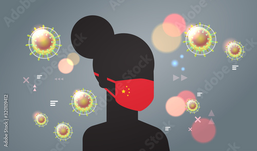 woman silhouette wearing protective mask with chinese flag to prevent epidemic MERS-CoV virus concept wuhan coronavirus 2019-nCoV pandemic medical health risk portrait horizontal vector illustration