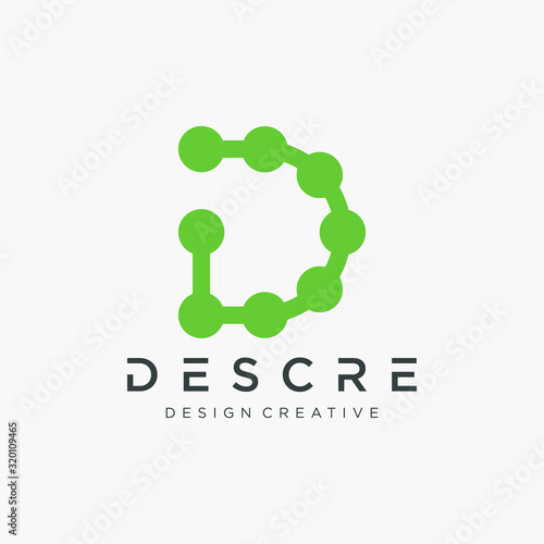 Abstract letter D logo with dot concept. Universal colorful biotechnology molecule atom DNA chip symbol. This logo is suitable for research, science, medical, logotype, technology, lab, molecule.