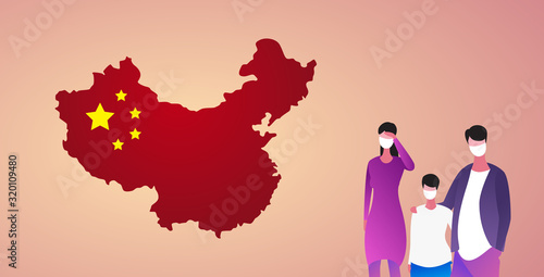 family wearing protective masks to prevent epidemic MERS-CoV virus concept wuhan coronavirus 2019-nCoV pandemic medical health risk chinese flag background portrait horizontal vector illustration