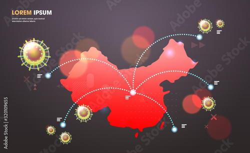 epidemic MERS-CoV flu spreading of world floating influenza virus cells wuhan coronavirus 2019-nCoV pandemic medical health risk chinese map background horizontal copy space vector illustration