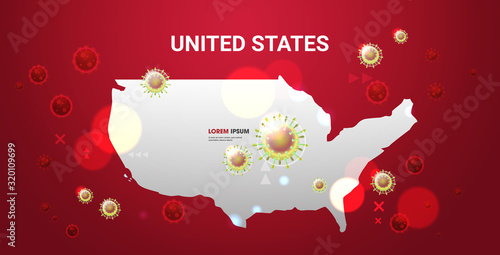 epidemic MERS-CoV flu spreading of world floating influenza virus cells wuhan coronavirus 2019-nCoV pandemic medical health risk united states map background horizontal copy space vector illustration