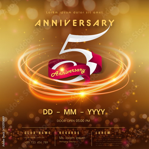 5 years anniversary logo template on golden Abstract futuristic space background. 5th modern technology design celebrating numbers with Hi-tech network digital technology concept design elements.