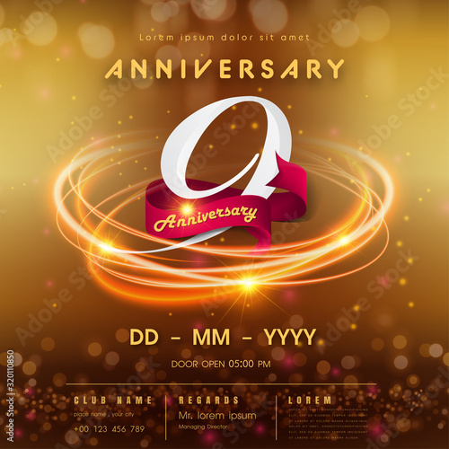 9 years anniversary logo template on golden Abstract futuristic space background. 9th modern technology design celebrating numbers with Hi-tech network digital technology concept design elements.