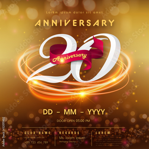 20 years anniversary logo template on golden Abstract futuristic space background. 20th modern technology design celebrating numbers with Hi-tech network digital technology concept design elements.