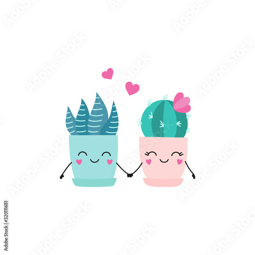 Cute couple of home plants. Cartoon character cactus, succulent in pots. Vector isolated illustration on a white background.