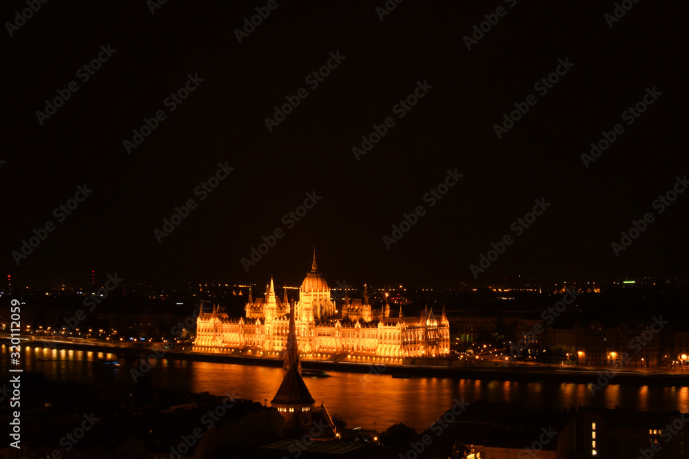 Budapest Parliament at Night Reflection from across the Danube River