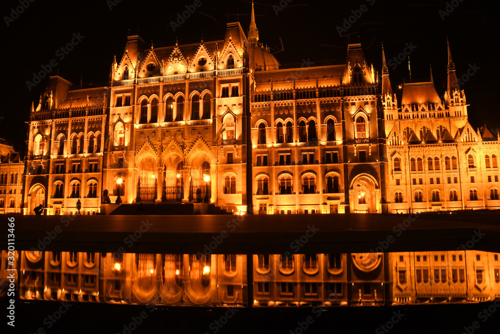 Budapest Parliament at Night Reflection