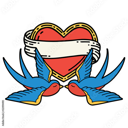 traditional tattoo of a swallows and a heart with banner