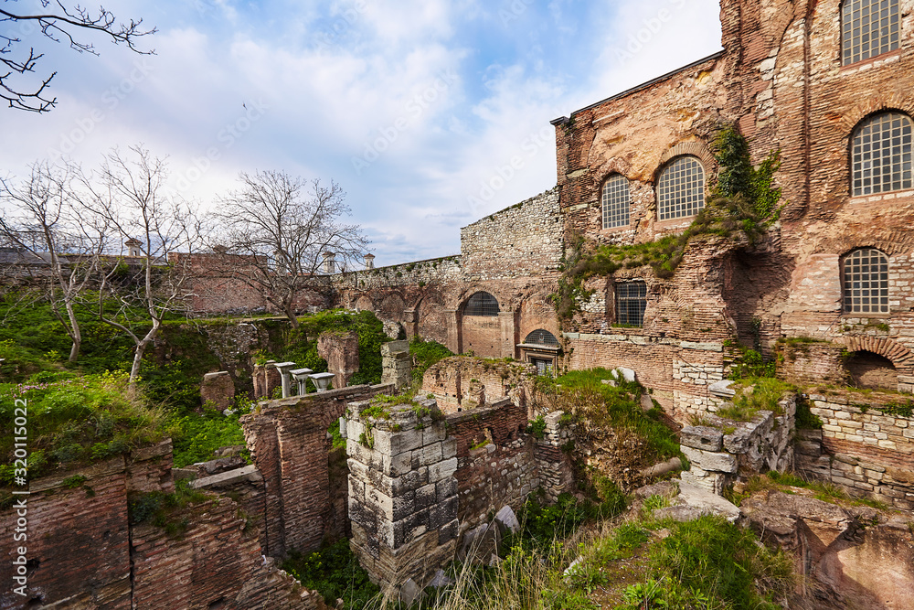 Istanbul, Turkey, 15 May 2015: Hagia Sophia from uncommon side - back side archaeology work аrеа