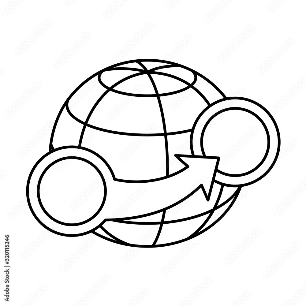 Transfer around the world. Earth globe sign with arrow from one point on surface to another. Money, goods or other stuff movement. Adjustable stroke width. Transfer around the world. Earth globe sign with arrow from one point on surface to another. Money, goods or other stuff movement. Adjustable stroke width.