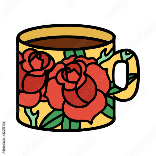 traditional tattoo of a cup and flowers