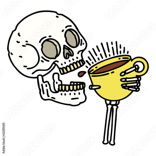 traditional tattoo of a skull drinking coffee