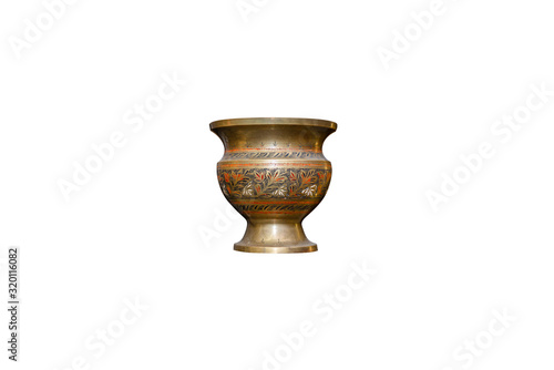 A vase made of brass with colorful flower-shaped decorations, isolated on a white background with a clipping path.