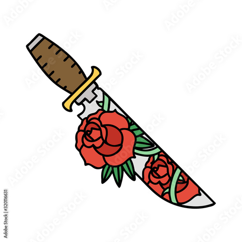 traditional tattoo of a dagger and flowers