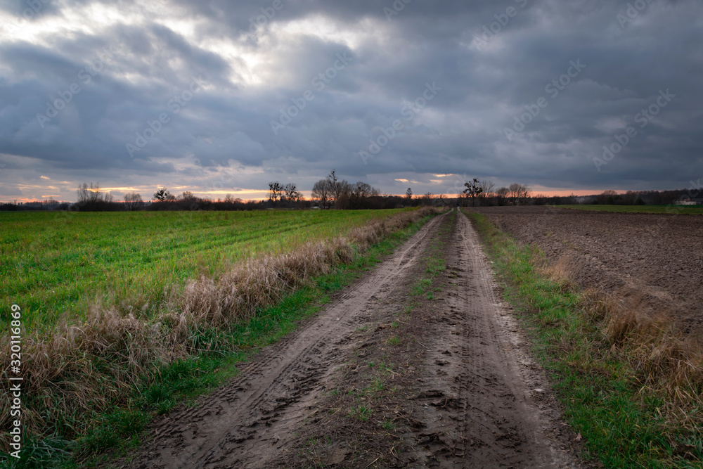 Evening shot of a rural road through fields, dark clouds after sunset, Nowiny, Eastern Poland