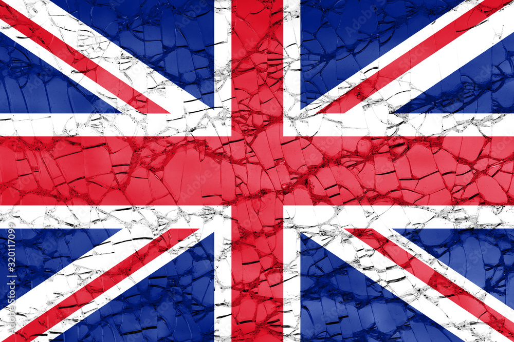 Fototapeta premium british flag of Great Britain or United Kingdom UK on broken glass - crisis concept background