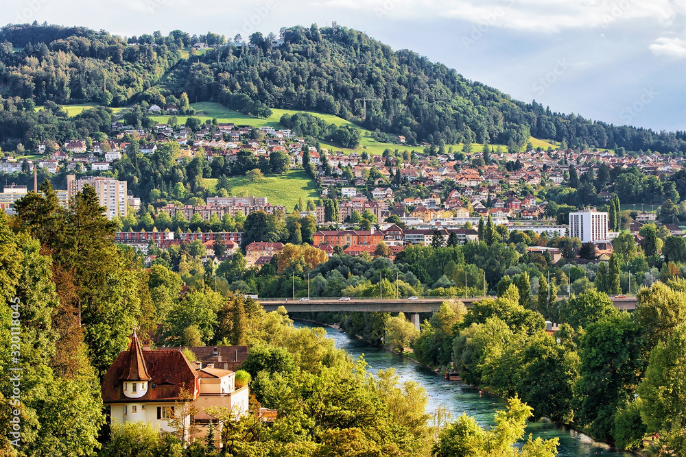 Panorama of the city and Aare River in Bern, Switzerland. Seen from Bundesterrasse
