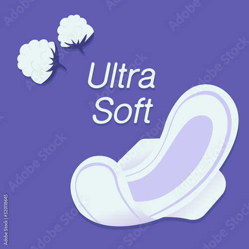 A regular sanitary pad on an isolated background. Woman hygiene, intimate hygiene, hygiene pad. sanitary towel and pad woman hygiene. Text ultra soft. Vector illustration baner icon logo card