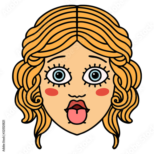 traditional tattoo of female face sticking out tongue