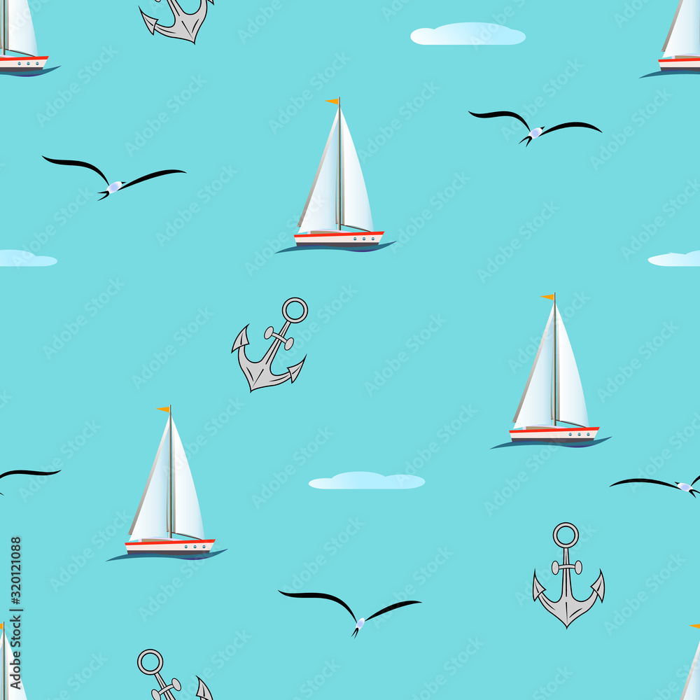 Marine seamless pattern sailboats, seagulls, anchors, clouds on a background of blue sea. Suitable for fabric, paper, wallpaper, clothing for leisure, vacation, travel