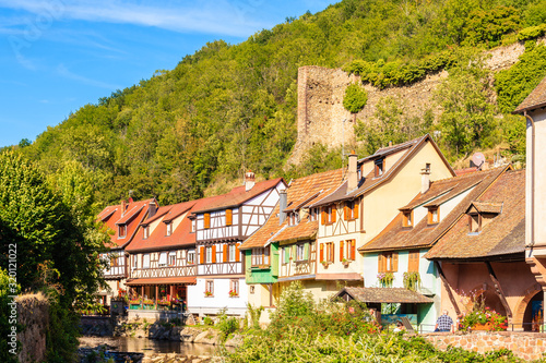 ALSACE WINE REGION, FRANCE - SEP 20, 2019: Street with typical houses in Kaysersberg picturesque village which is located on Alsatian Wine Route, France.